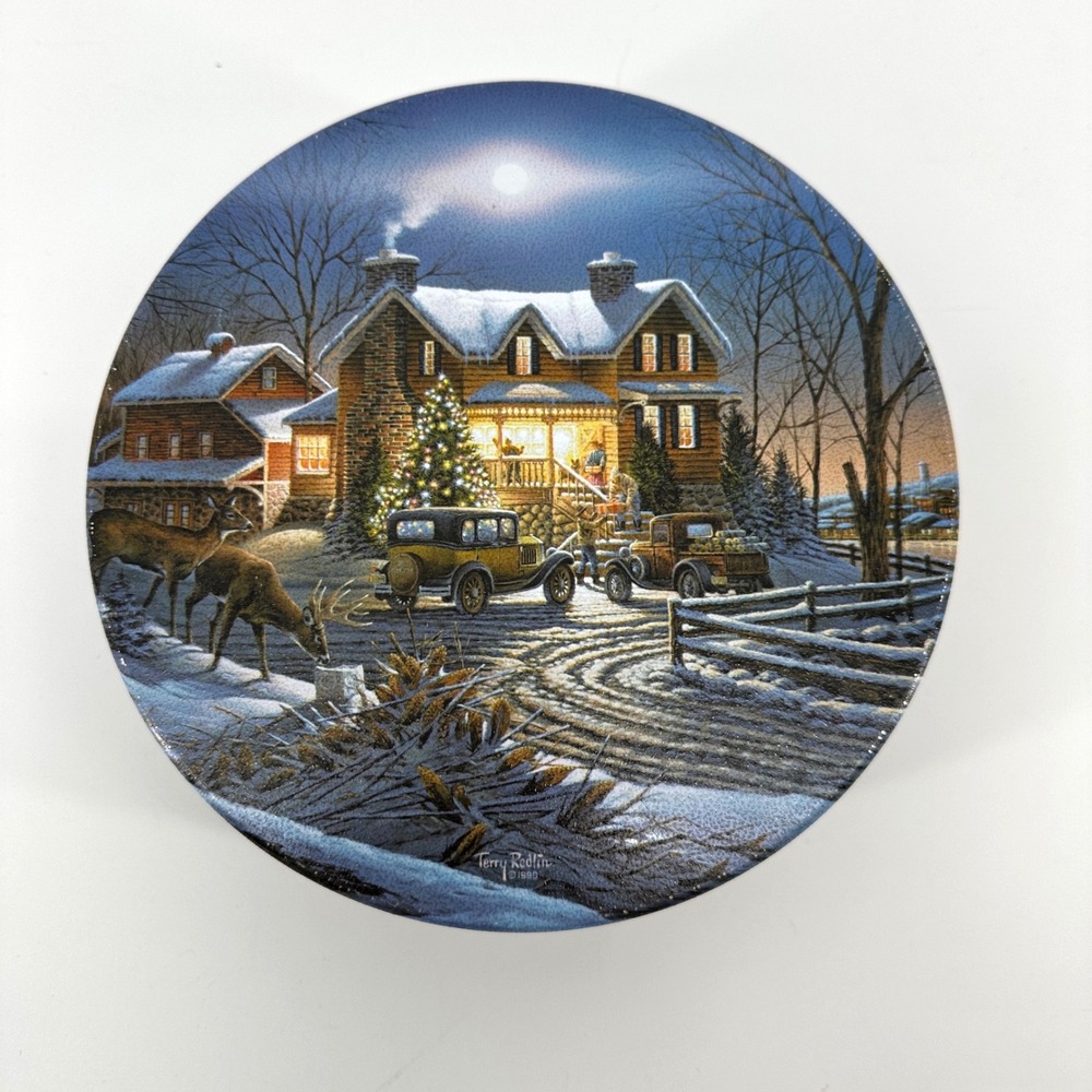 Terry Redlin Holiday Tin Family Traditions Winter Scene 1990 Black Round 7.25in